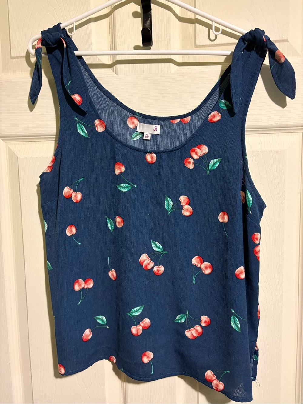 Navy Cherry Tie-Shoulder Flowy Crepe Retro Tank Top